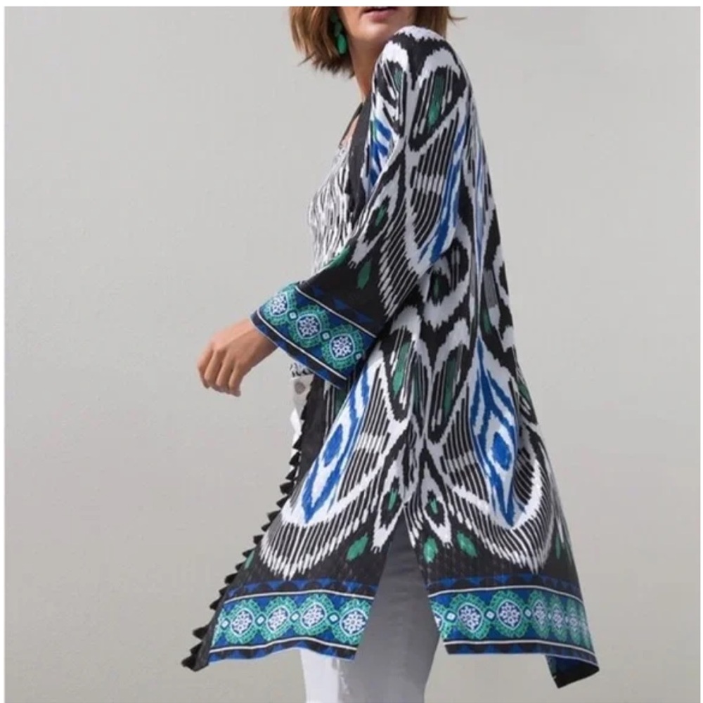 Chico’s Colorful Patterned Open Long Tasseled Ikat Print Kimono 2/L